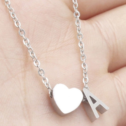Letter A Stainless steel silver minimalist monogram and heart charm necklace.