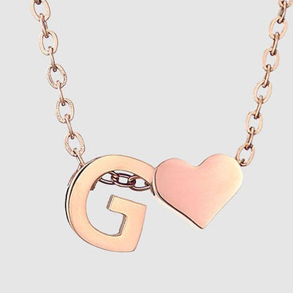 Letter G Stainless steel pure rose gold plated minimalist monogram and heart charm necklace.