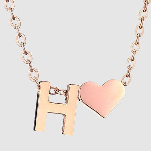 Letter H Stainless steel pure rose gold plated minimalist monogram and heart charm necklace.