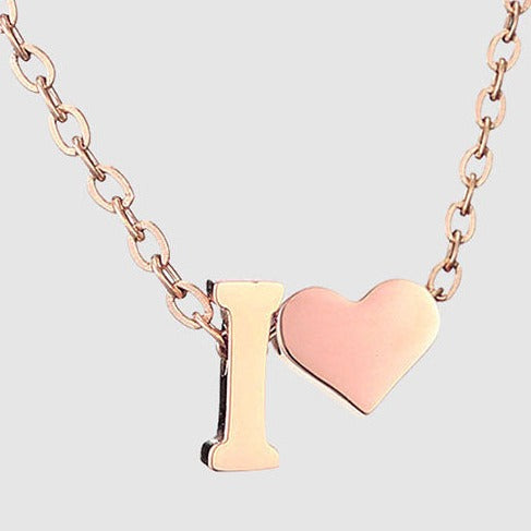 Letter I Stainless steel pure rose gold plated minimalist monogram and heart charm necklace.