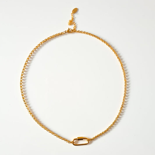18ct gold plated titanium necklace with a carabiner clip on white background.