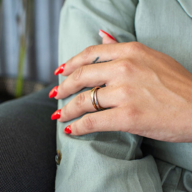 Russian ring style silver, rose gold and yellow gold interlocking ring made from 18ct pure gold plated stainless steel.