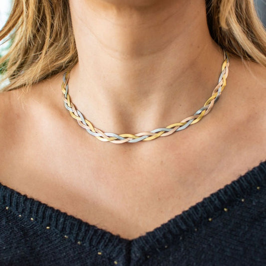 Stainless steel silver, gold and rose gold twisted herringbone snake chain necklace