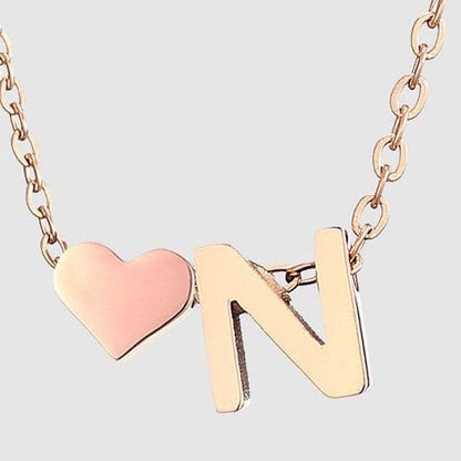 Letter N Stainless steel pure rose gold plated minimalist monogram and heart charm necklace.