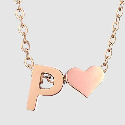 Letter P Stainless steel pure rose gold plated minimalist monogram and heart charm necklace.