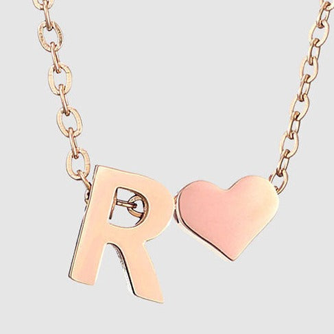 Letter R Stainless steel pure rose gold plated minimalist monogram and heart charm necklace.
