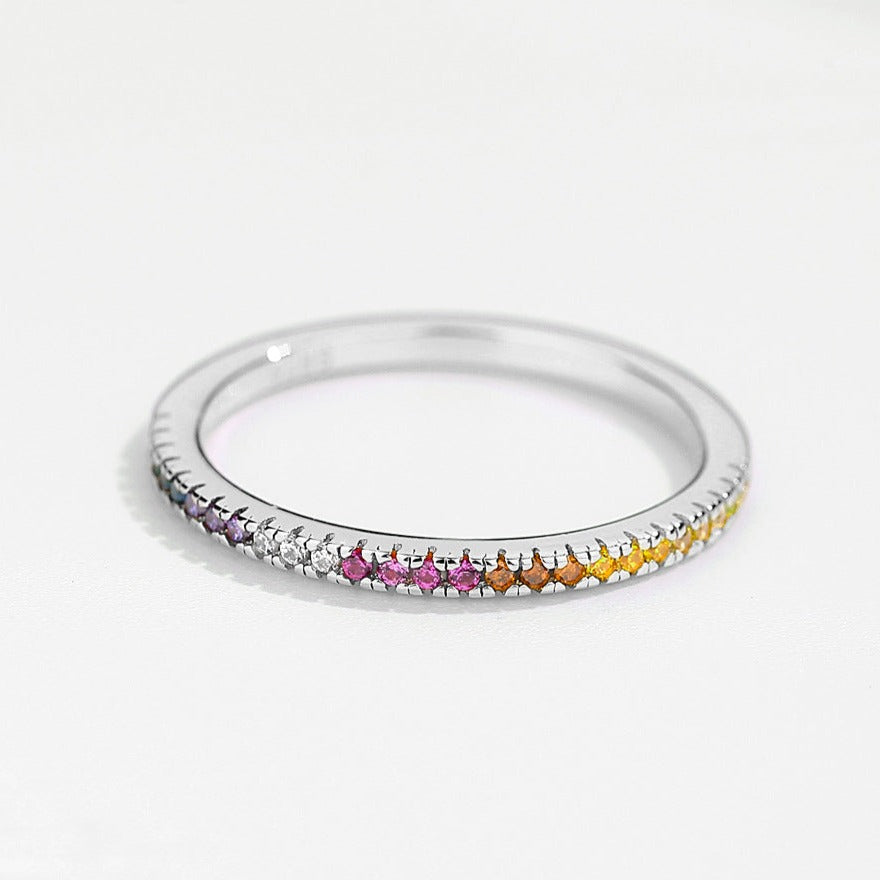 Rainbow Micropave Half Eternity Ring in Sterling Silver