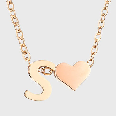 Letter S Stainless steel pure rose gold plated minimalist monogram and heart charm necklace.