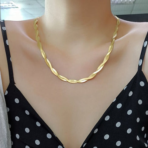 Stainless steel pure 18ct gold plated twisted herringbone snake chain necklace