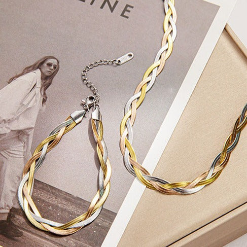 Stainless steel silver, gold and rose gold twisted herringbone snake chain necklace