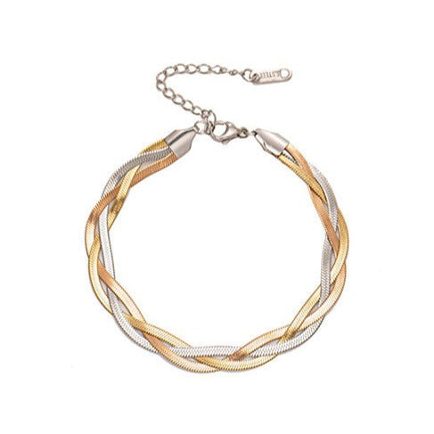 Stainless steel silver, gold and rose gold twisted herringbone snake chain bracelet