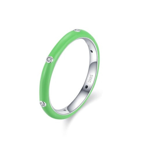 Green enamel and diamante sterling silver ring