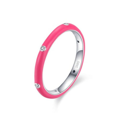 Pink enamel and diamante sterling silver ring