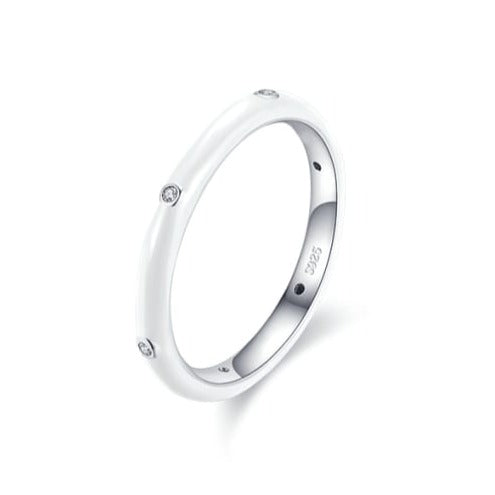 White enamel and diamante sterling silver ring