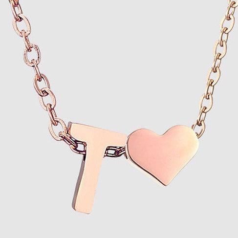Letter T Stainless steel pure rose gold plated minimalist monogram and heart charm necklace.