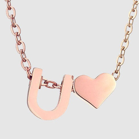 Letter U Stainless steel pure rose gold plated minimalist monogram and heart charm necklace.