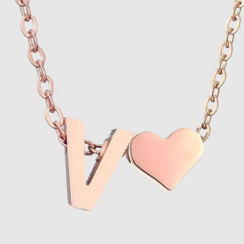Letter V Stainless steel pure rose gold plated minimalist monogram and heart charm necklace.