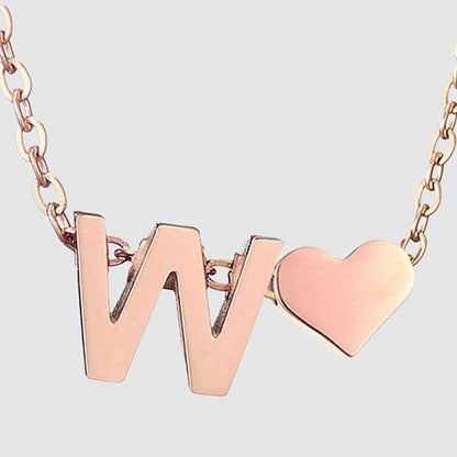 Letter W Stainless steel pure rose gold plated minimalist monogram and heart charm necklace.