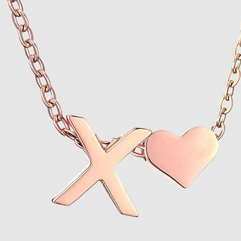 Letter X Stainless steel pure rose gold plated minimalist monogram and heart charm necklace.