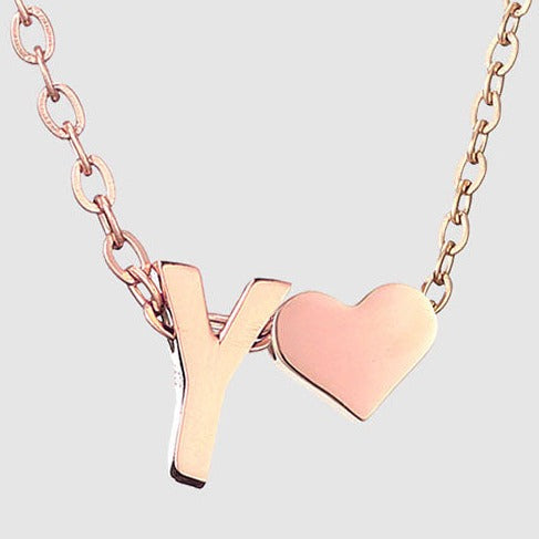 Letter Y Stainless steel pure rose gold plated minimalist monogram and heart charm necklace.