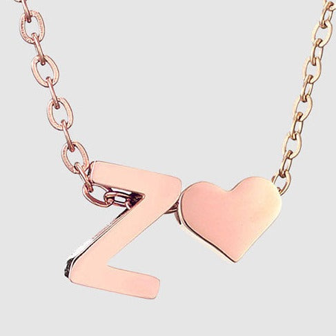 Letter Z Stainless steel pure rose gold plated minimalist monogram and heart charm necklace.