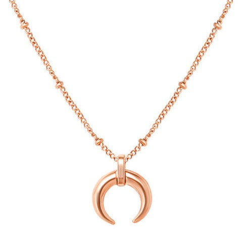 Rose gold plated steel minimalist crescent moon pendant on a ball chain necklace all made from durable titanium. 