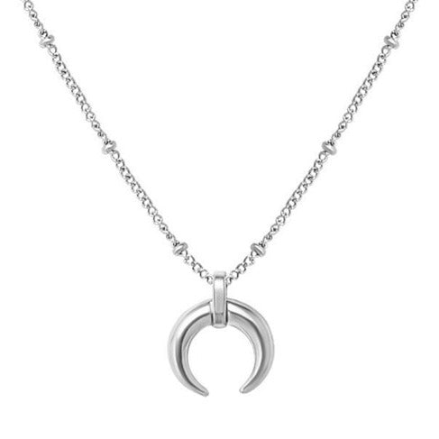 Silver steel minimalist crescent moon pendant on a ball chain necklace all made from durable titanium. 