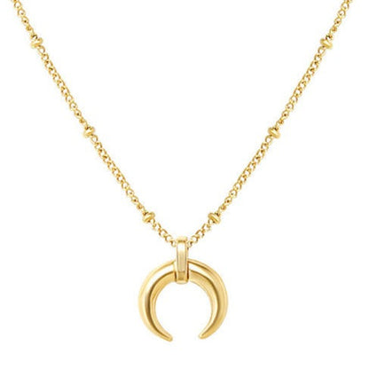 Yellow gold plated steel minimalist crescent moon pendant on a ball chain necklace all made from durable titanium. 